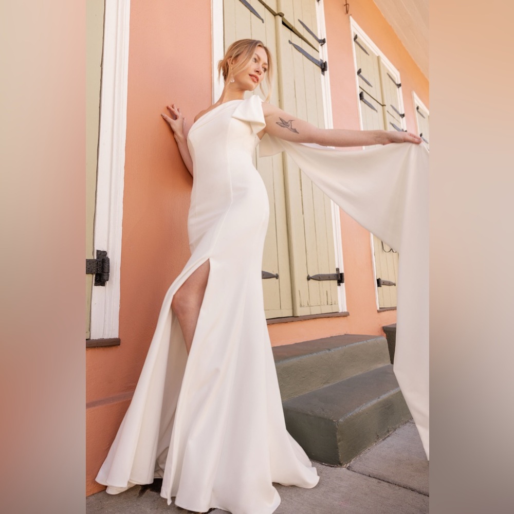 VOWD one shoulder cape dress